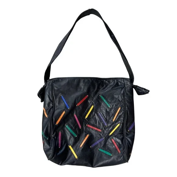 Vintage 1980s Judi Simon USA Black Leather Purse Rainbow Accents Shoulder Strap - Picture 3 of 12